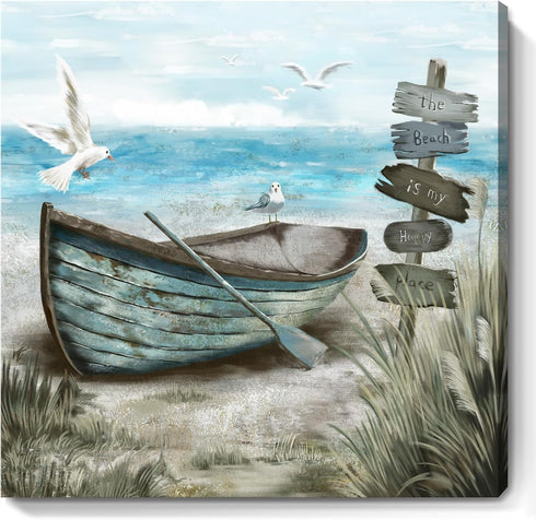 Bathroom Wall Art Coastal Décor, Nautical Boat on Beach Canvas Picture, Ocean Seagull Seascape Artwork for Living Room