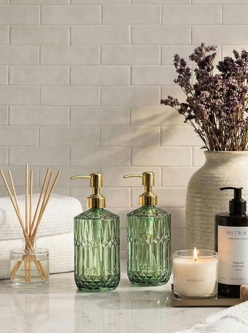 2Pack 18Oz JASAI Green Glass Soap Dispenser with Gold Rust Proof Pump, Refillable Dish Soap Dispenser for Kitchen
