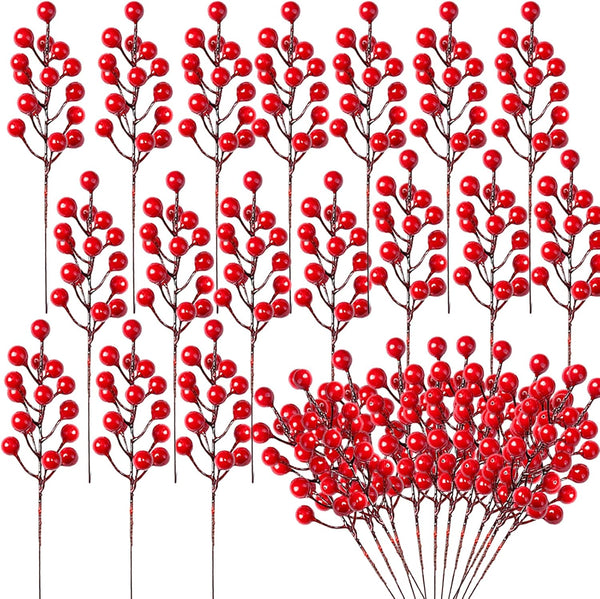 30 Artificial Red Berry Stems,7.9 Inch Christmas Holly Berry Branches Red Berry