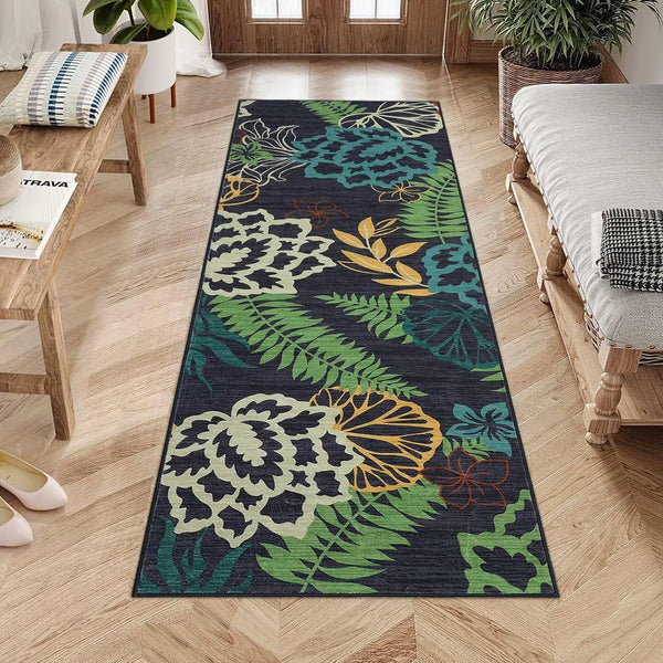 Runner Rug 2x6 Floral Washable Kitchen Runner, Modern Farmhouse Easy-Cleaning Hallway Rug, Green/Grey