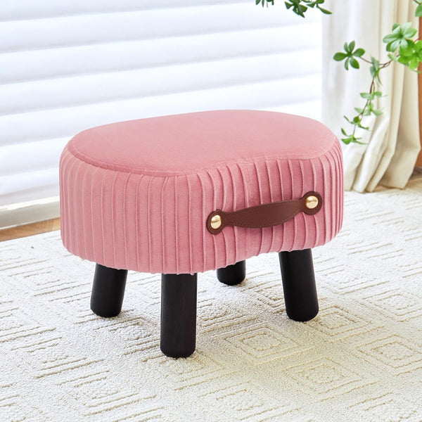 Small Ottoman Foot Rest with Handle, Velvet Footstool with Wooden Legs &
