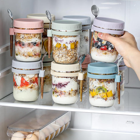 6 Pack 16 oz Overnight Oats Containers with Lids and Spoons, Glass Mason Overnight Oats Jars, Large Capacity Airtight