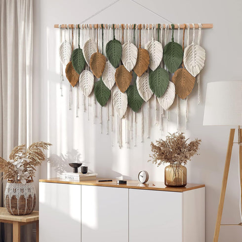 39"W 29.5"L KHOYIME Large Macrame Wall Hanging Boho Woven Tapestry, Chic Home Decor Modern Bohemian Handmade Leaf