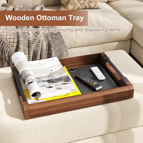 WBKATN 17 Inch Acacia Wood Ottoman Tray for Living Room, Wooden Serving Tray with Metal Handles, Large Serving Trays