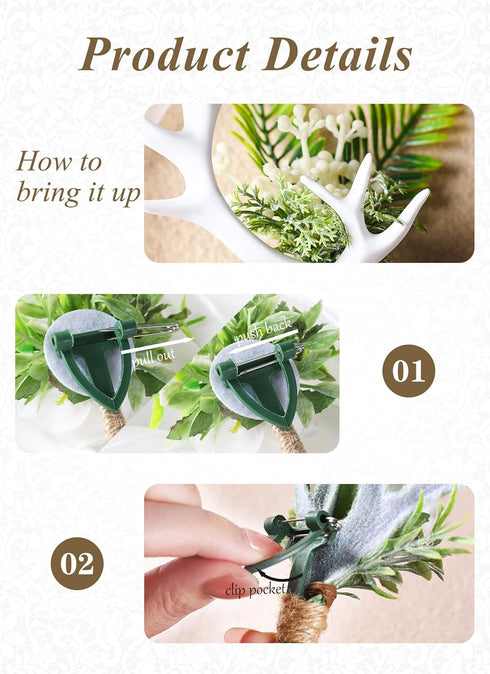 Woodland Boutonniere Set for Men - 2PC Handmade Greenery Corsage, White Antler for Wedding, Groomsmen, Formal Events