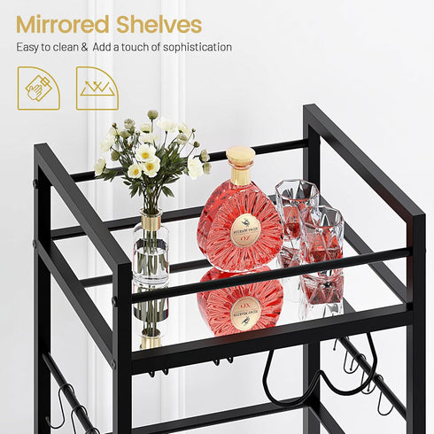 Bar Cart with Wine Rack and Glass Holder, Serving Cart for Home, Mobile Kitchen Shelf, Rolling Beverage Cart in Black