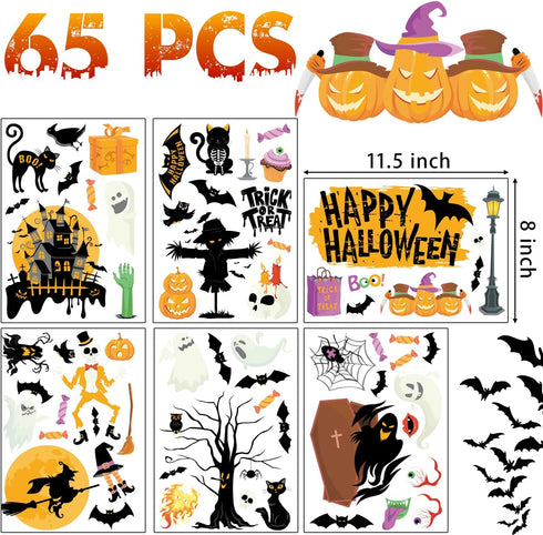 Halloween Window Clings: 6 Sheets of Crows, Bats, Spiders, Ghost Stickers for Halloween Decorations