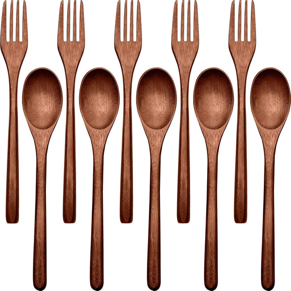 Wooden Spoons Forks Set, Japanese Wooden Utensil Set, Reusable Handmade Natural Wood Flatware (10 Pieces)