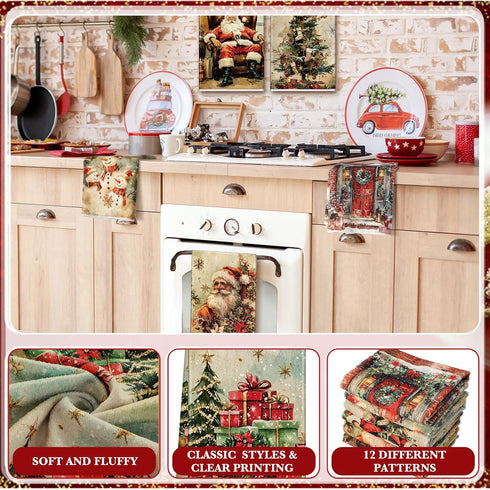 VitalCozy 12 14.2 21.3 Inch Pcs Christmas Kitchen Towels and Dishcloths Xmas Santa Christmas Tree Reindeer Snowman