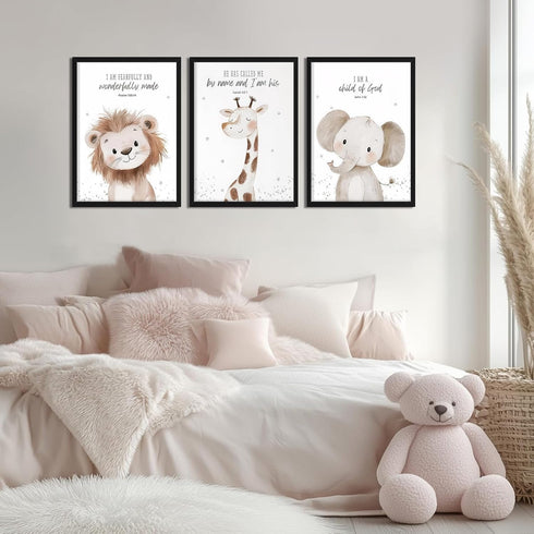 Set 3, 12x16 Inch Framed Nursery Wall Art of Kids Bible Verse Animal Canvas Wall Decor Paintings, Cute Safari Christian