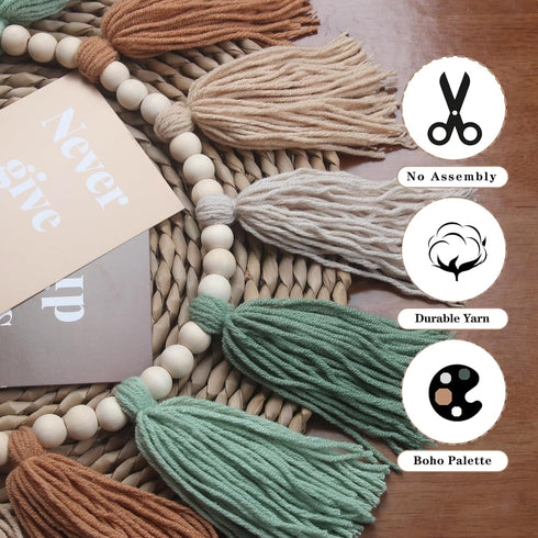Sage Green Brown Boho Yarn Wood Bead Tassel Garland Wall Hanging Decor Neutral Earth Tone Woodland Banner Tassels