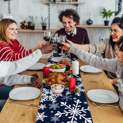 72 13 Inch x Christmas Table Runner, Navy Blue with White Snowflake Pattern for Winter Holiday Dining Table, Kitchen
