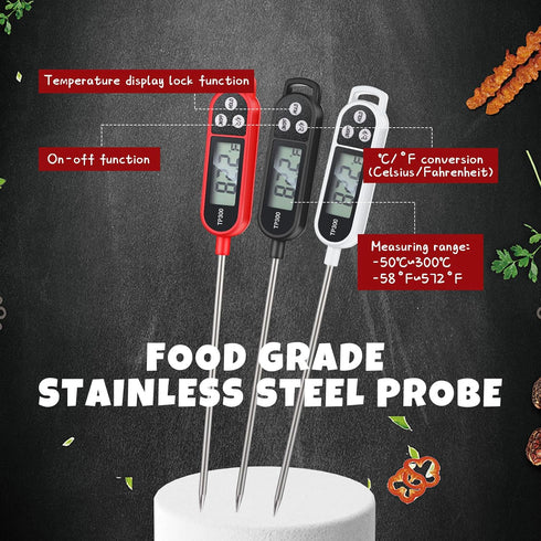 6 Pcs Instant Read Meat Thermometer with Long Probe, Waterproof Digital Thermometer for Kitchen Cooking (Black, White,