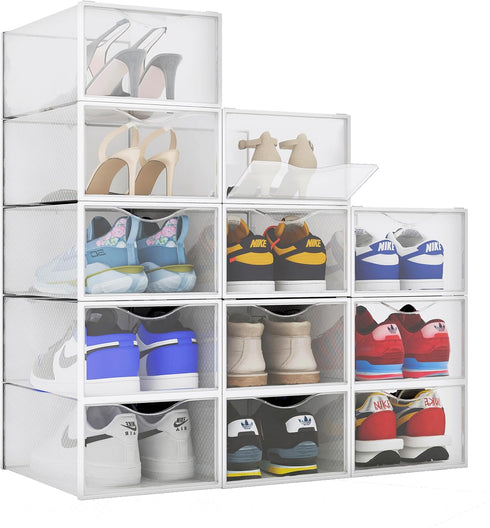 BINO 12-Pack Plastic Stackable Shoe Box Set, Clear Foldable Shoe Storage Container with Front Open