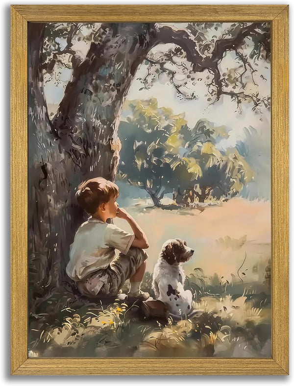 Yaneiro Wood Framed Canvas Wall Art, Vintage Boy and Dog Painting Poster, Countryside