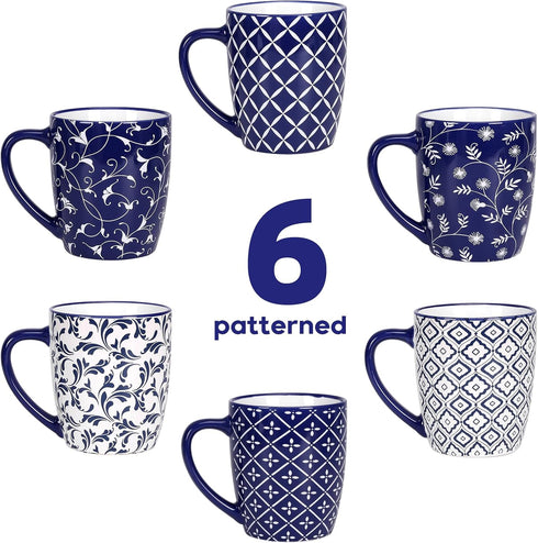 18 OZ Set 6, Schliersee Large Coffee Mugs of Ceramic Mug for Man Woman, Blue White Geometric Floral Porcelain Cup