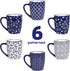 18 OZ Set 6, Schliersee Large Coffee Mugs of Ceramic Mug for Man Woman, Blue White Geometric Floral Porcelain Cup