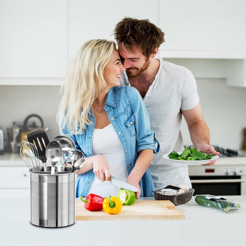 Oggi Jumbo Stainless Steel Rotating Utensil Holder with Removable Divider, Stylish Kitchen Organizer, Height 7.5"