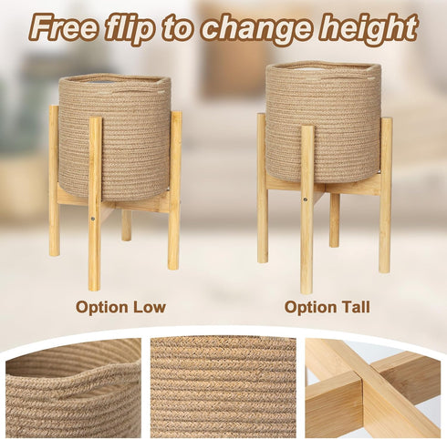 WILLITAT Plant Basket with Stand, Indoor Round Wicker Basket Plant with Bamboo Wood Stand, Decorative Woven Rope Flower