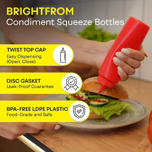 8 OZ 2 PACK BRIGHTFROM Condiment Squeeze Bottles, RED Empty Squirt Bottle with Wide Neck - Great for Ketchup, Mustard