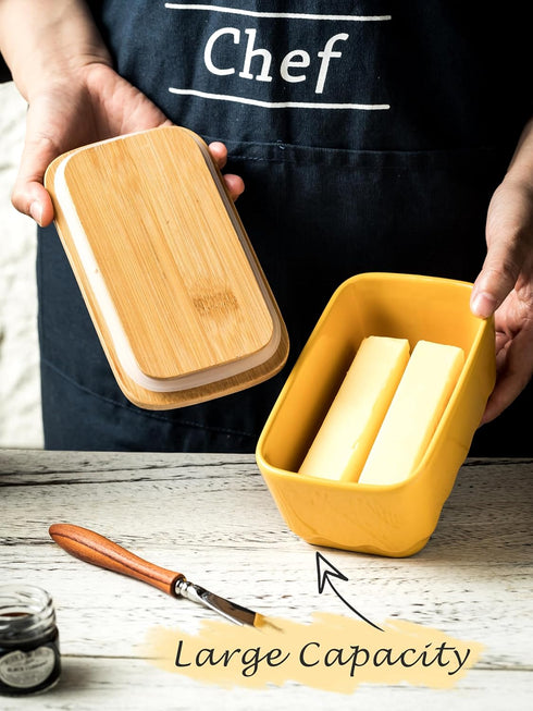Covered Butter Dish with Lid, Large Yellow Butter Holder for Countertop, Airtight Seal Container for East West Coast