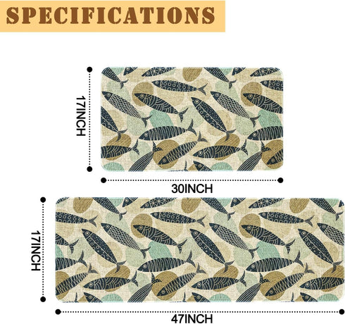 Mloabuc Set 2, 17x29 17x47 Inch Yellow Fish Decorative Kitchen Mats of Anti Fatigue Waterproof Stain Resistant Floor