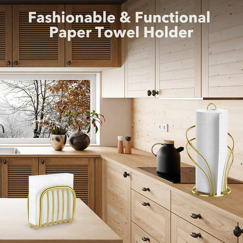 Stainless Steel Paper Towel Holder - Countertop Roll Holder and Napkin Holder Set, Standing with Weighted Base, Gold