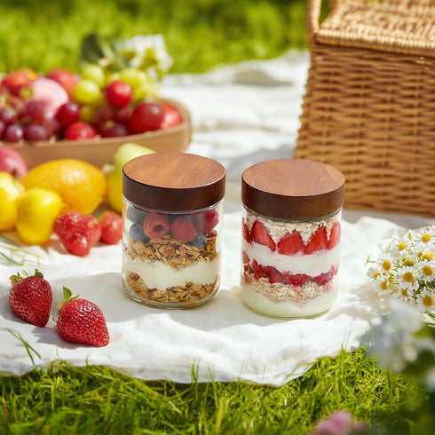 16 oz 6 Pack,Mason 16 oz 100% Danmu Overnight Oats Containers with Lids,Salad Jar,Glass Jar with Wooden Lid Jars