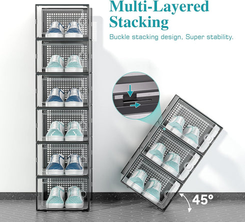 Kuject Large Shoe Organizers, 12 Pack Clear Plastic Stackable Storage Boxes with Lids, Under Bed Shoe Containers, Fit