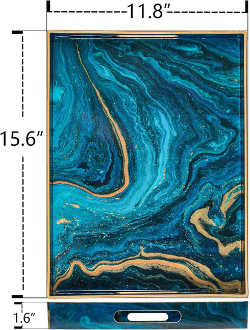 15.7 11.8 MAONAME Plastic Decorative Tray, Marbling Tray with Handles, Rectangular Coffee Table Trays, Blue Serving