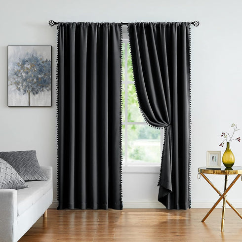 Treatmentex Black Pom Pom Blackout Curtains Set, 45" Half Window Drapes for Small Basement Laundry, 2 Panels Rod Pocket