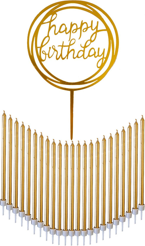 24 Count Tall Thin Metallic Gold Birthday Candles with Holders and Classy Cake Topper for Custom Cake