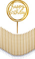 24 Count Tall Thin Metallic Gold Birthday Candles with Holders and Classy Cake Topper for Custom Cake