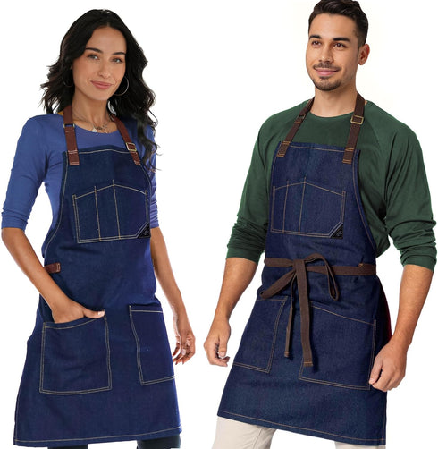 Under NY Sky Chef Apron - Professional Blue Denim, Adjustable Cotton Straps, Smart Pockets for Men and Women