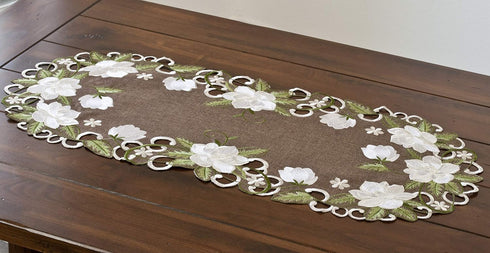Beautiful White Magnolia Floral Design Table Runner with Green Leaves, Embroidered Cutwork Edges