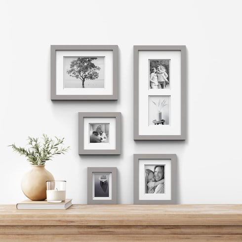 Gallery Solutions 8"x8" Flat Grey Wall Frame with Double White Mat for 5"x5" Photos