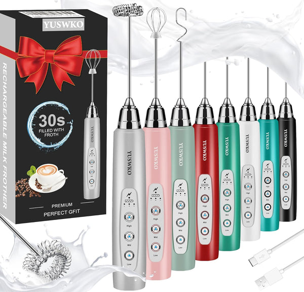 YUSWKO Milk Frother Handheld for Coffee, Rechargeable Drink Mixer with 3 Heads, Electric Whisk Gift for Occasions