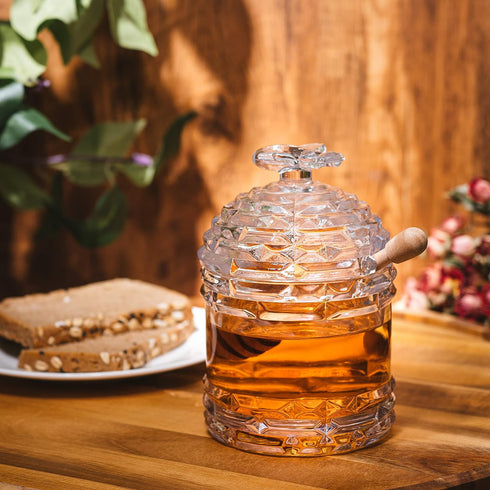 14oz Crystal Bee Honey Dish Jar with Dipper and Lid Elegant Glass Beehive Honey Pot for Rosh Hashanah, Holidays