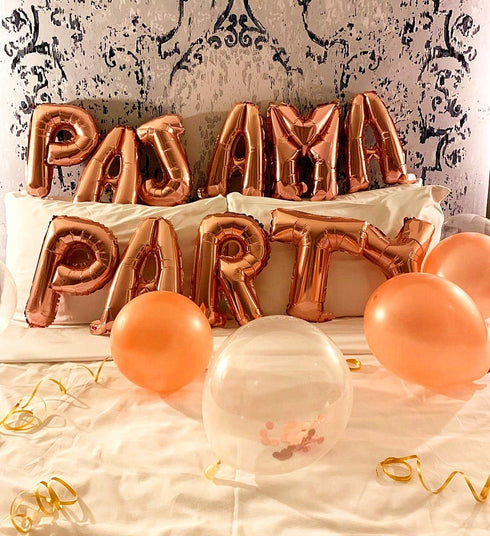 LaVenty Set of 11 Rose Gold PAJAMA PARTY Balloons and Banner for Slumber Party Decor
