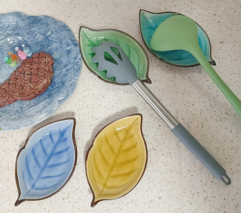 Ceramic Spoon Rest for Stove Top, Ice Cracks Leaf Cute Spoon Rest for Kitchen Counter, Cooking Spoon Holder for Kitchen Counter 1 PCS (Sapphire)