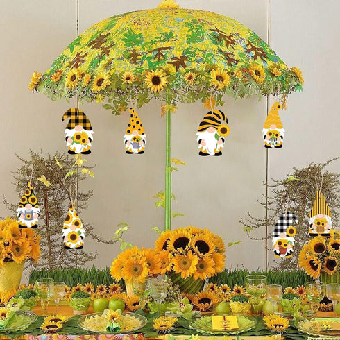 WATINC 25 Pack Sunflower Gnome Wooden Ornaments, Yellow Flower Gnome with Hat Hanging Pendants for Summer Party