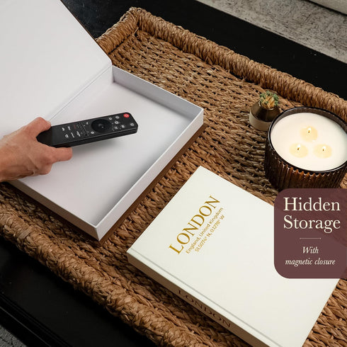 Set 2 Decorative Books with Storage (Caramel/Beige) of Faux Linen Book Boxes with Gold Stamped Covers Enhance Your