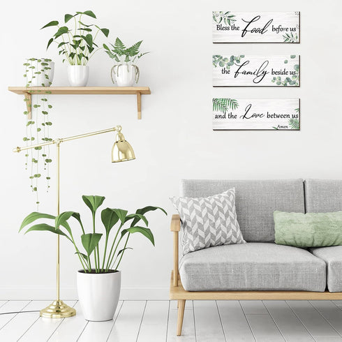 Maitys 3 Pieces Eucalyptus Greenery Wooden Wall Sign, Bless Family Food Love Plaque, Rustic Porch Decor, Green Leaves