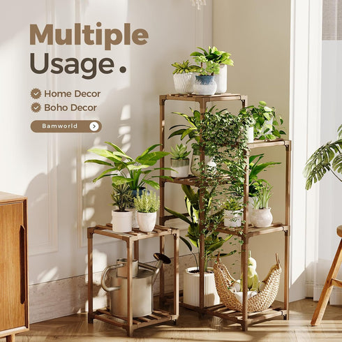 03H, Bamworld Plant Stand Indoor Corner Plant Shelf Wood Plant Holder for Multiple Plants Tall Flower Stands Plants