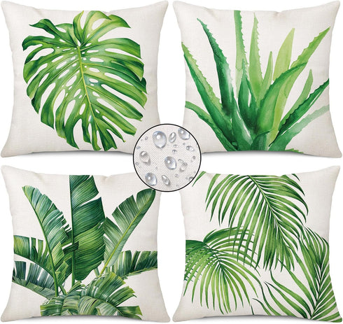 Outdoor Throw Pillow Covers 18x18, Set of 4 Waterproof Tropical Leaves Cushion Covers for Patio Garden