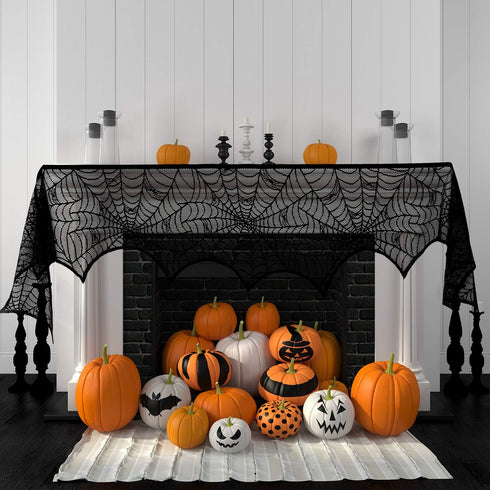 Blulu 2 Pieces Spiderweb Fireplace Mantle Scarf, Lace Halloween Decoration Cover for Home Party Supply (Black, 18 by 96
