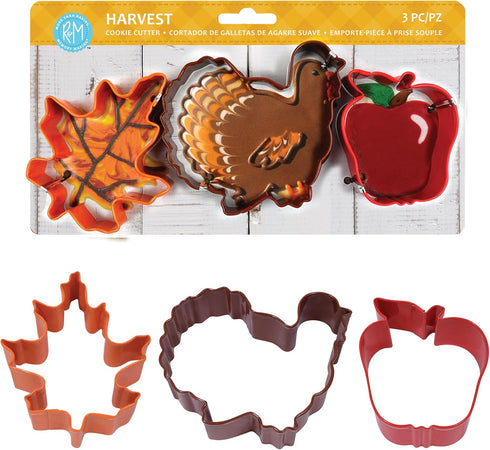 R&M Harvest Thanksgiving Cookie Cutter 3 Piece Gift Set, Includes Fall Leaf, Turkey, Apple
