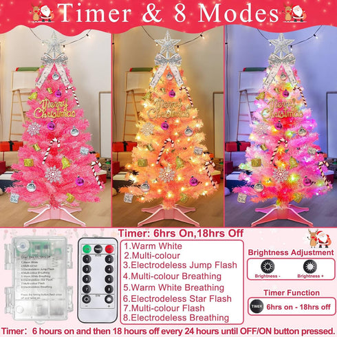 3 3D Star&44Ornaments, 8 50 Ft Pink Christmas Tree with Dual Color Change Lights Timer Remote, Modes Warm&Colorful