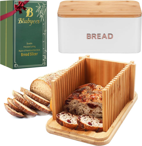 BLUBYEES Bamboo Bread Slicer for Homemade Bread with Crumb Tray & Storage Box