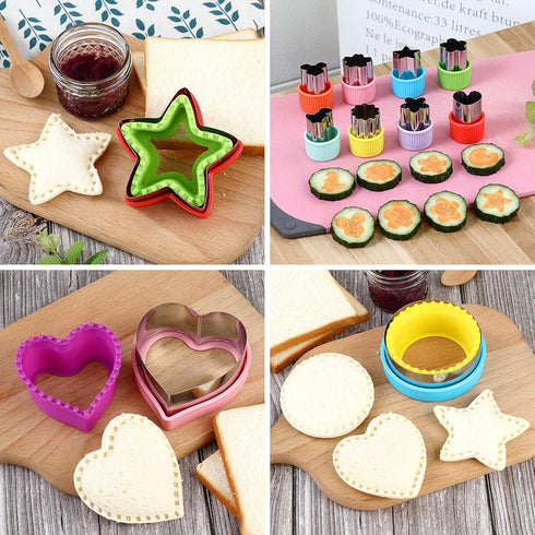 Sandwich Cutter and Sealer, Round Heart Star 3Pcs Shapes Decruster Press Mold + 8pcs Mini Vegetable Cookie Cutters